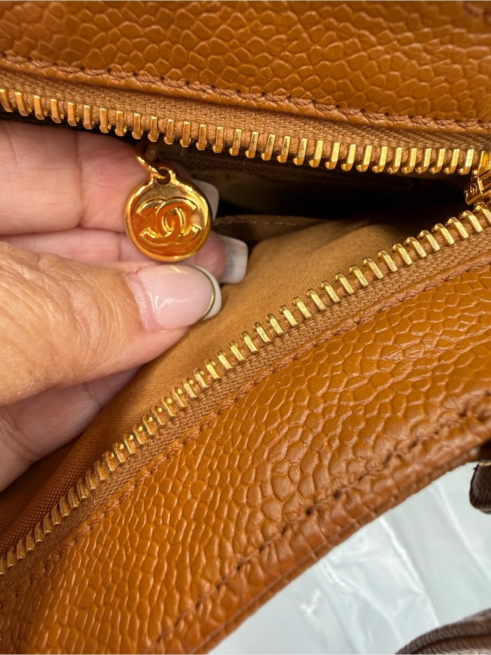 CHANEL Tan/Brown Caviar Leather Tote with CC Charm and Gold Hardware